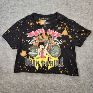 Betty Boop Crop Top Women Large Black Graphic V-Neck Motorcycle Biker Tie Dye